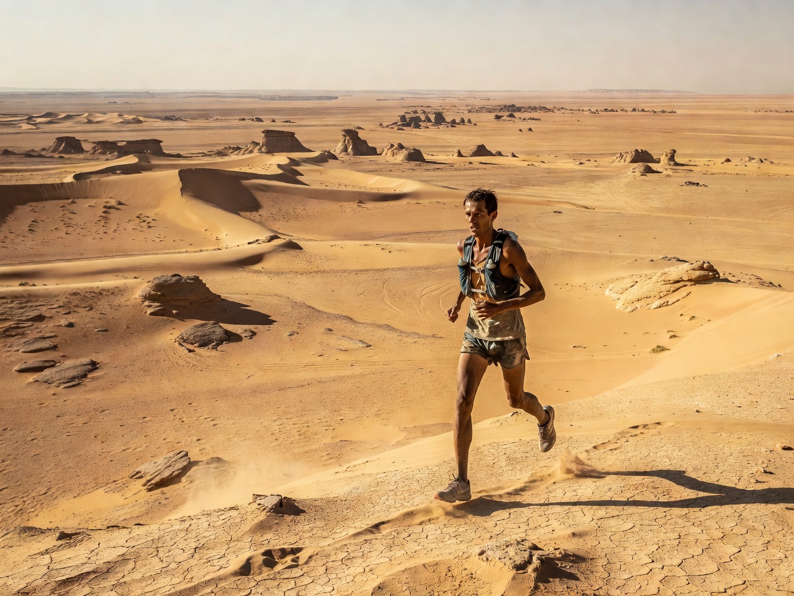 A lone runner navigating a vast desert landscape during an ultra marathon