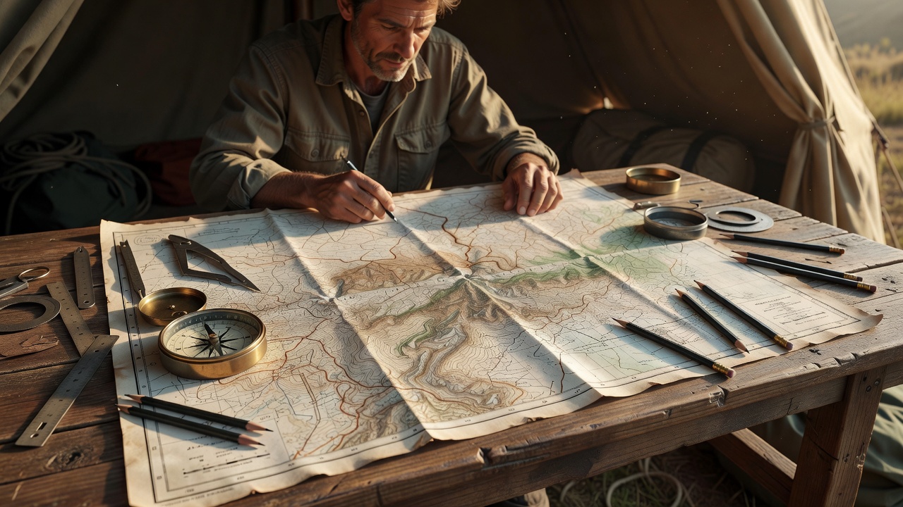 A person reviewing a large topographic map surrounded by a compass and planning tools