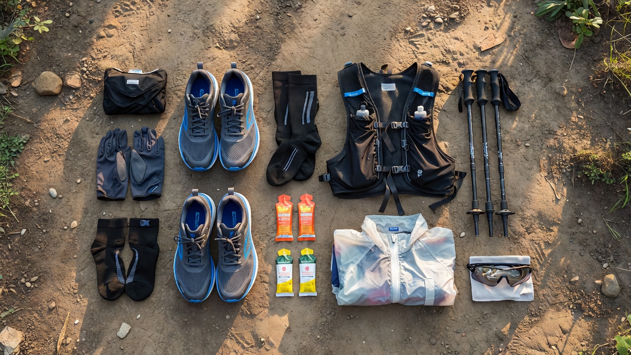 Assortment of specialized running gear neatly organized on the ground