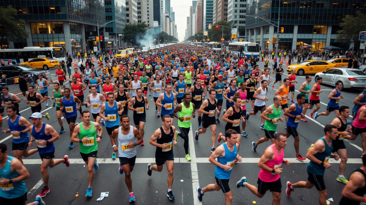 Large crowds of marathon runners passing through a major city intersection