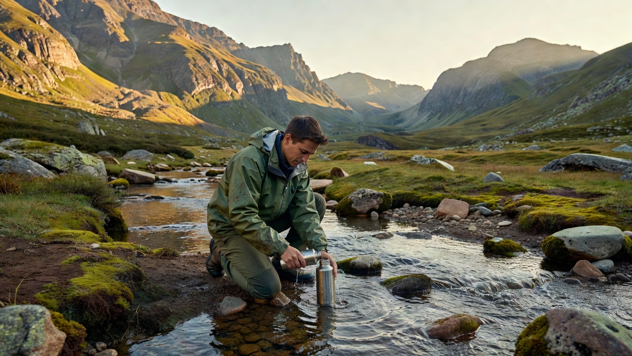 Person refilling a water flask from a natural stream in a remote valley