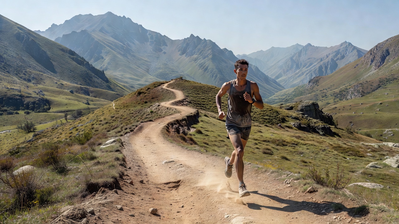 Runner on a remote dirt trail surrounded by expansive mountain scenery