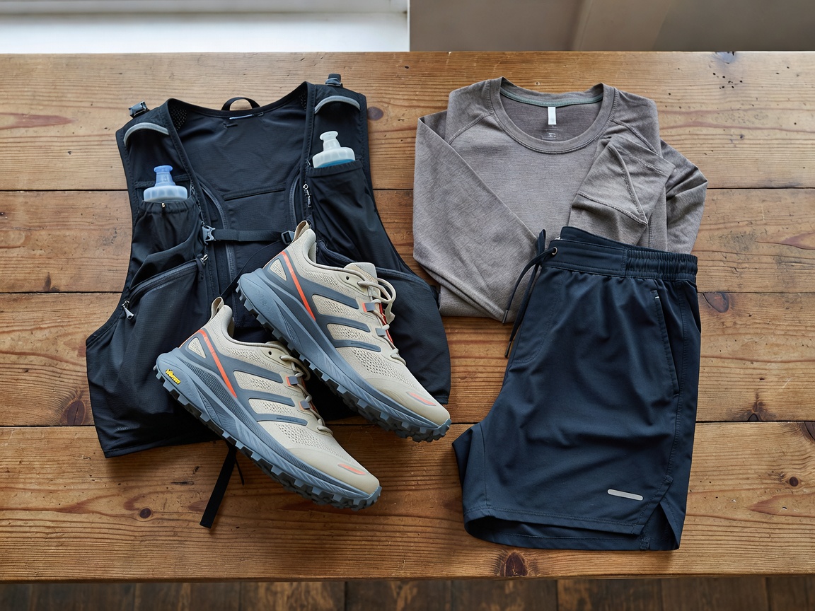 Running shoes, hydration vest, and technical apparel laid out on a table