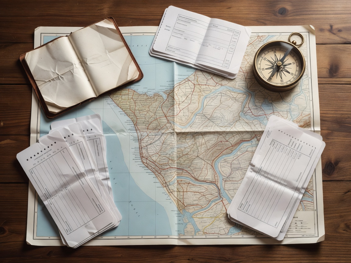 Top down view of a map with travel documents and a compass