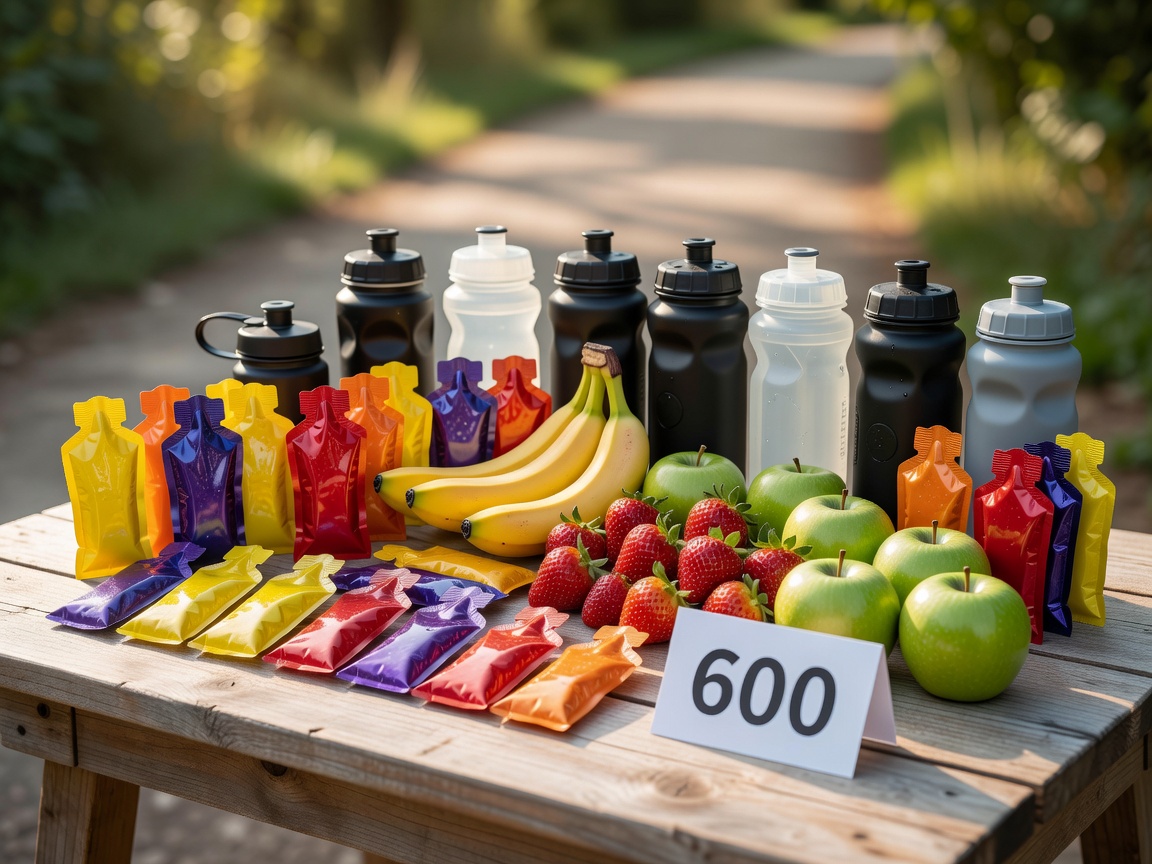 Various running nutrition gels, fresh fruit, and hydration flasks
